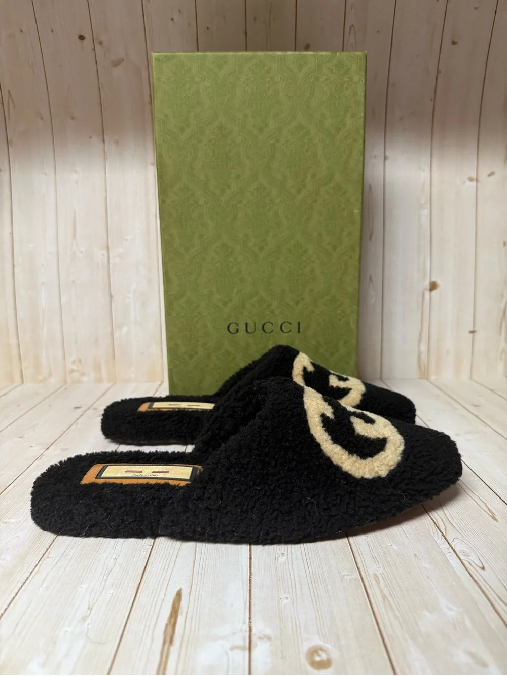 Gucci Faux Shearling Interlocking G Eileen Slipper Mules Black Sz 8G / 8.5US